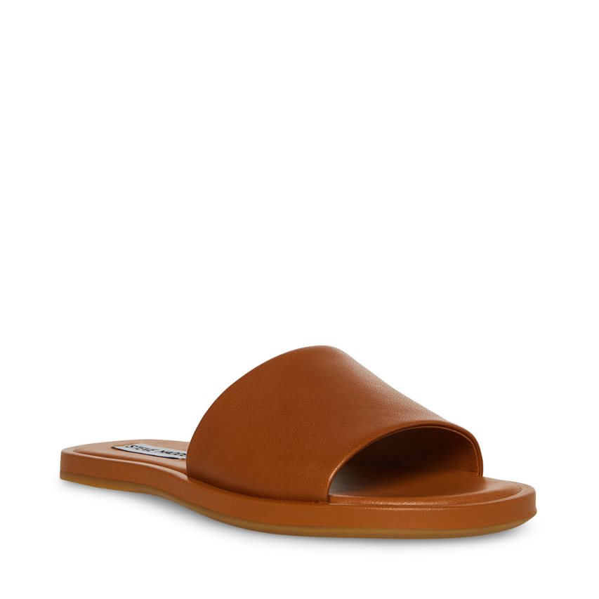 Brown Steve Madden Kaya Leather Women\'s Slides | PH 6592GXJ